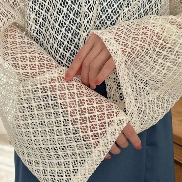 Knitted Hollow Out Top With Ribbon Tie T12 - Picture 7 of 10